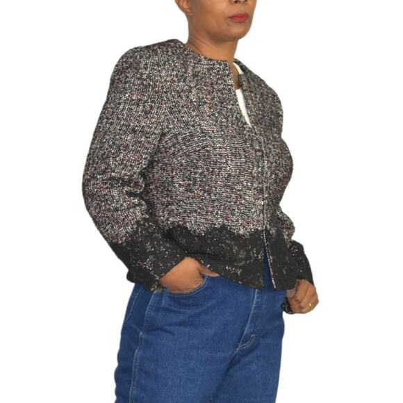 Karen Millen Tweed Jacket Lace Trim Suit Blazer Black Classic Textured Size 10 - Picture 8 of 15